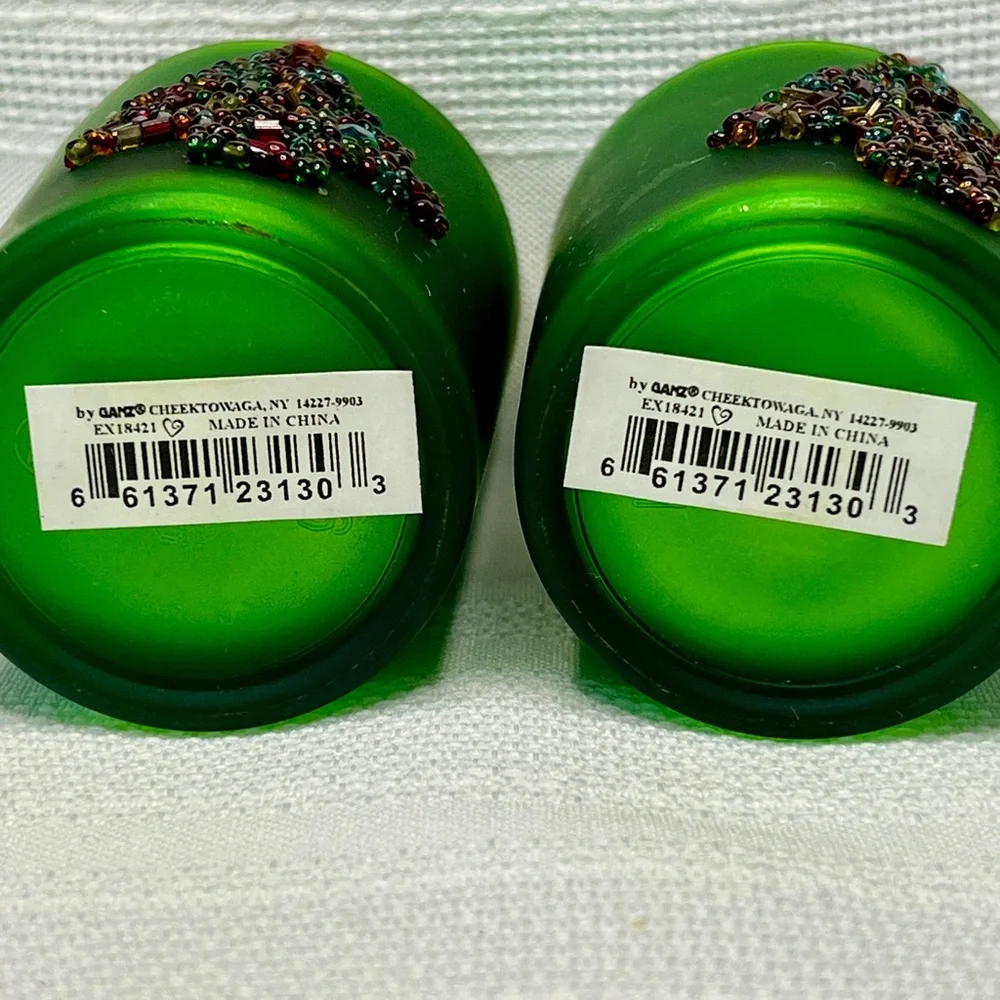 Mercury Glass Candle Holders Frosted Green Rhinestone Beaded‎ Tree EUC VTG GANZ